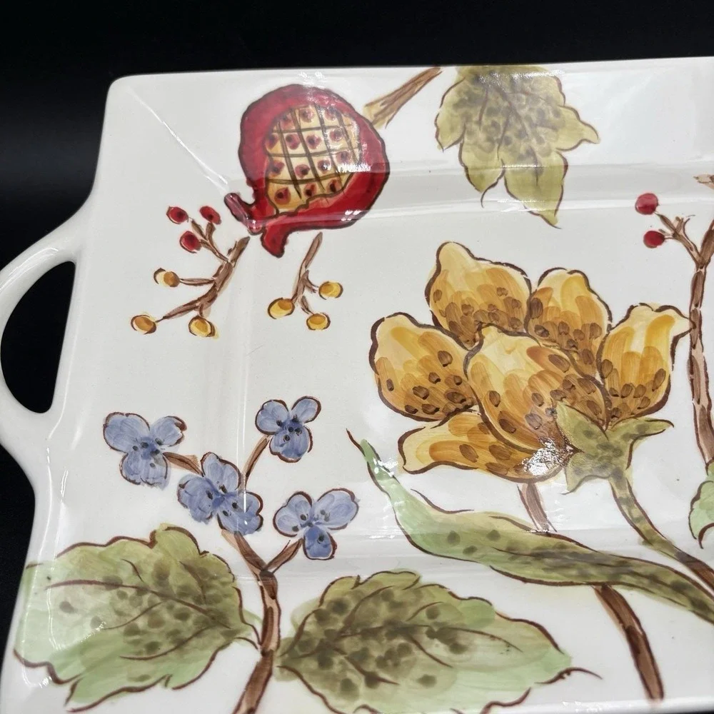 Maxcera Pomegranate Flowers Two Handle Serving Tray Vintage VGUC